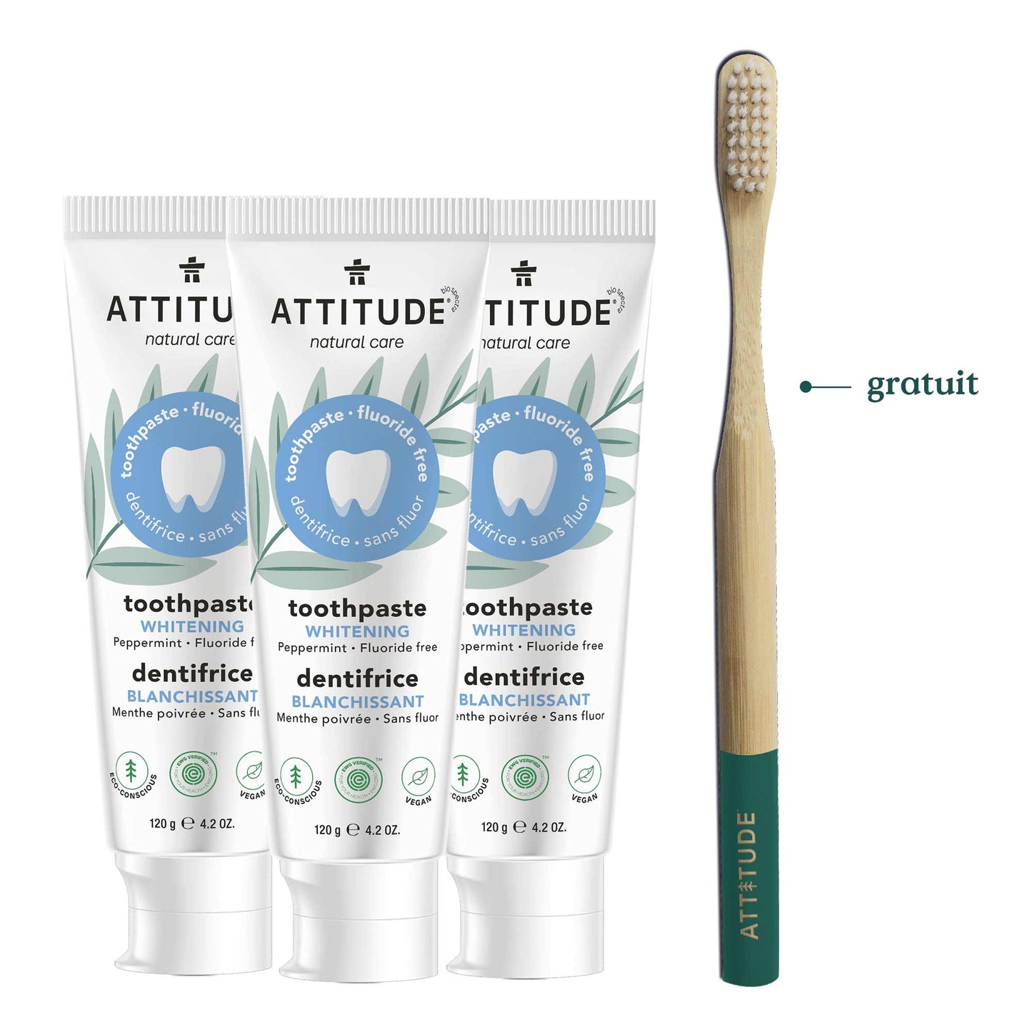 Ensemble trio dentifrice sans fluorure pour adulte blanchissant brosse à dent
