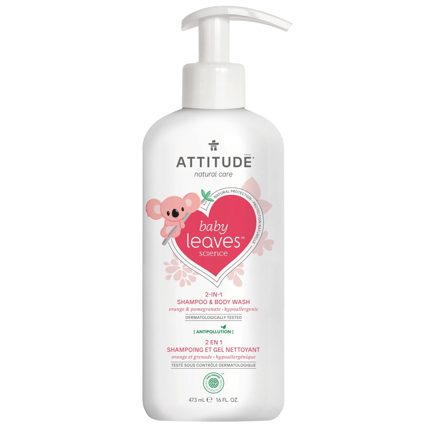 16611 ATTITUDE Baby Leaves™ - Shampooing gel nettoyant bébé 2 en 1 - Certifié EWG - Orange grenade _fr?_main? - Orange et grenade -