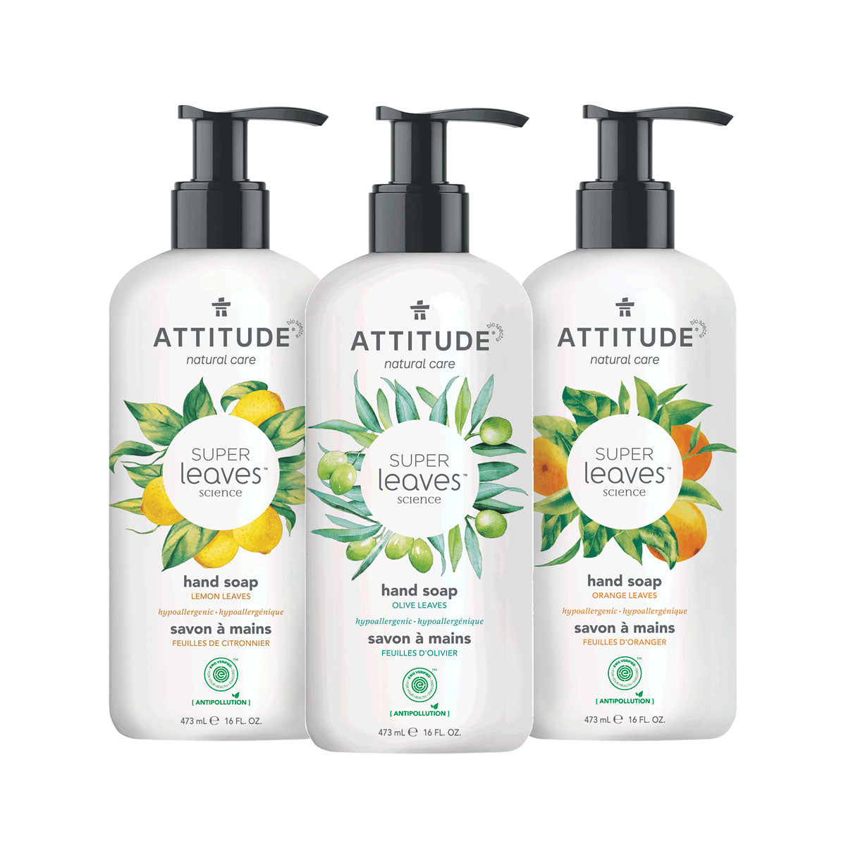 ATTITUDE Savons à mains liquide 3 bouteilles - Feuilles de citronnier, feuilles d'olivier et feuilles d'oranger 89090_fr?_main?