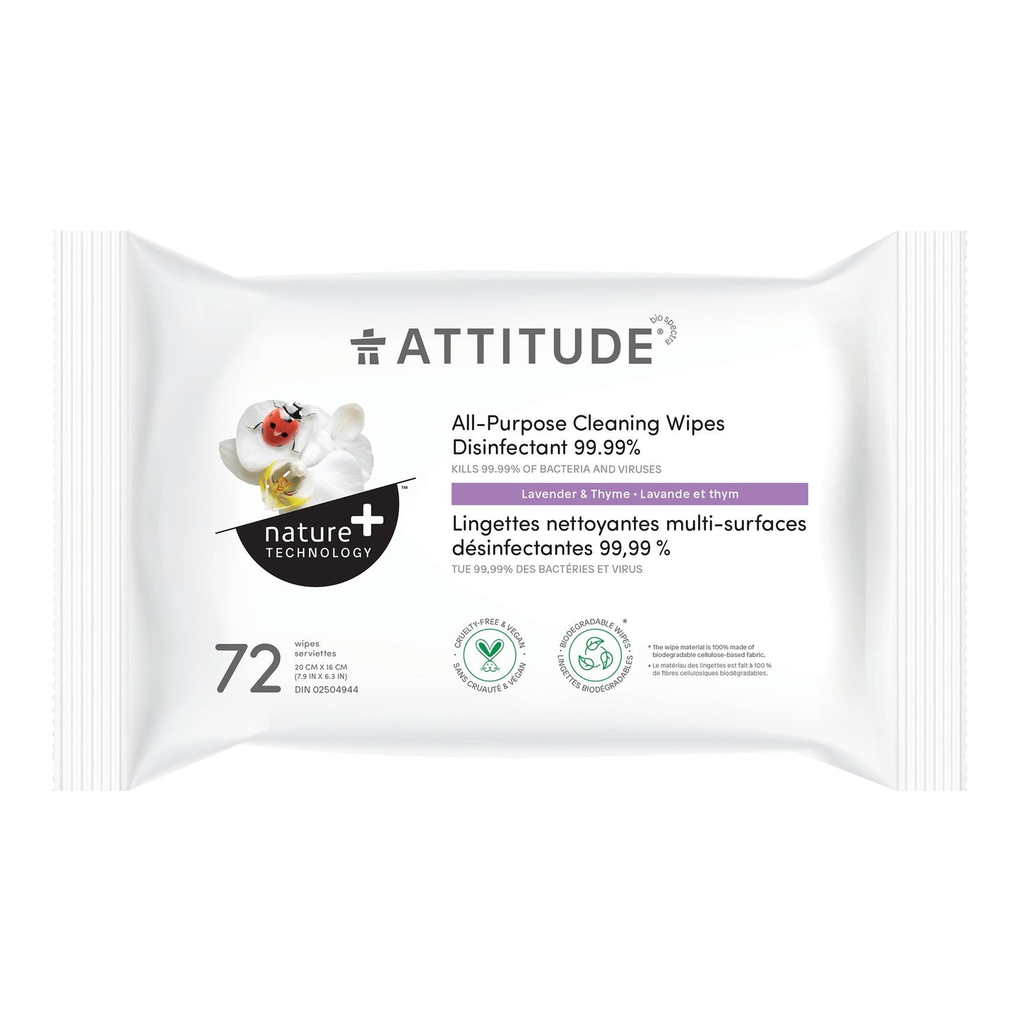 ATTITUDE Nature+ Lingettes nettoyantes multi-surfaces désinfectantes 99.99% Lavande et thym 17910_fr?_main? - 1 unité -
