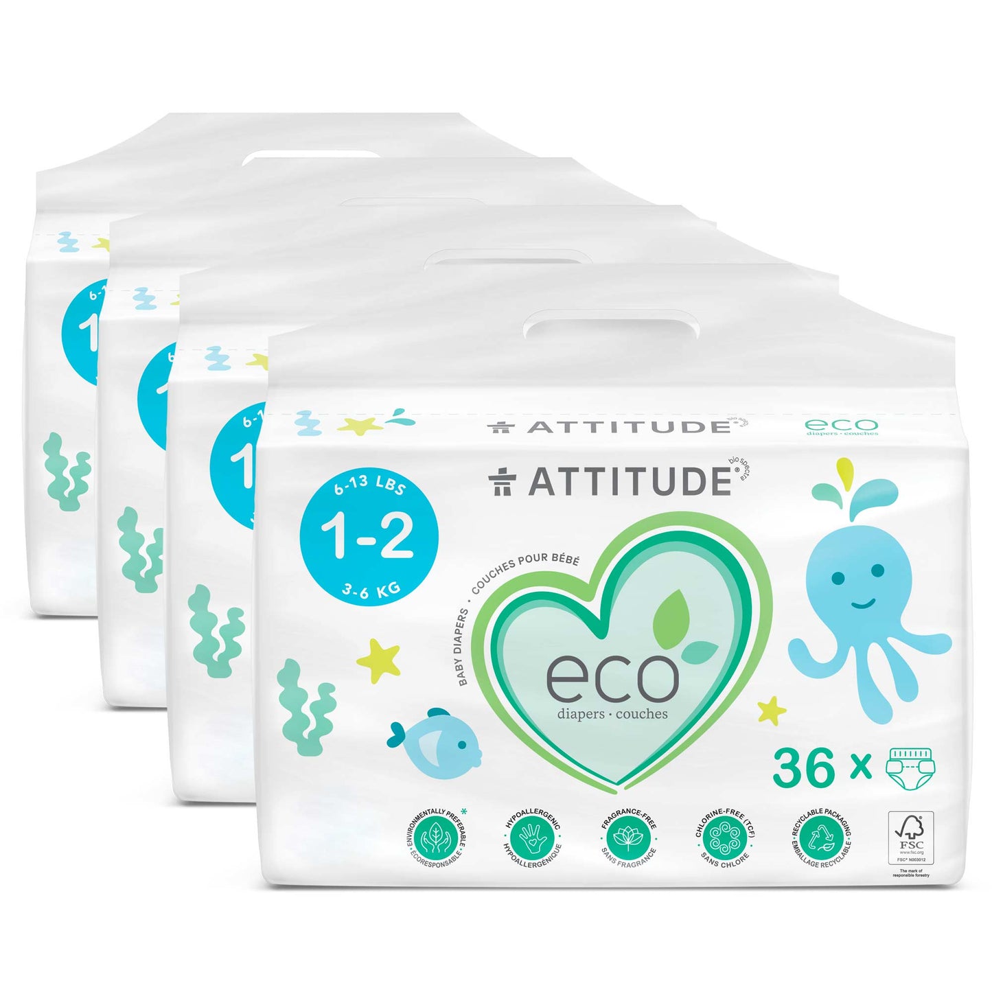 ATTITUDE Couches biodégradables & écologiques, sans fragrance - Taille 1-2 (Poids 3-6 kg) / 4 unités (5% de rabais) _fr?_main?