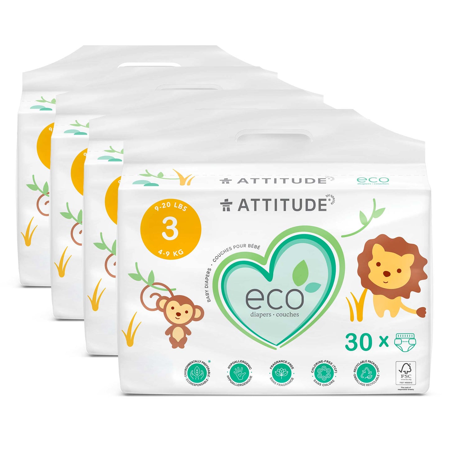 ATTITUDE Couches biodégradables & écologiques, sans fragrance - Taille 3 (Poids 4-9 kg) 4 unités (5% de rabais) _fr?_main?