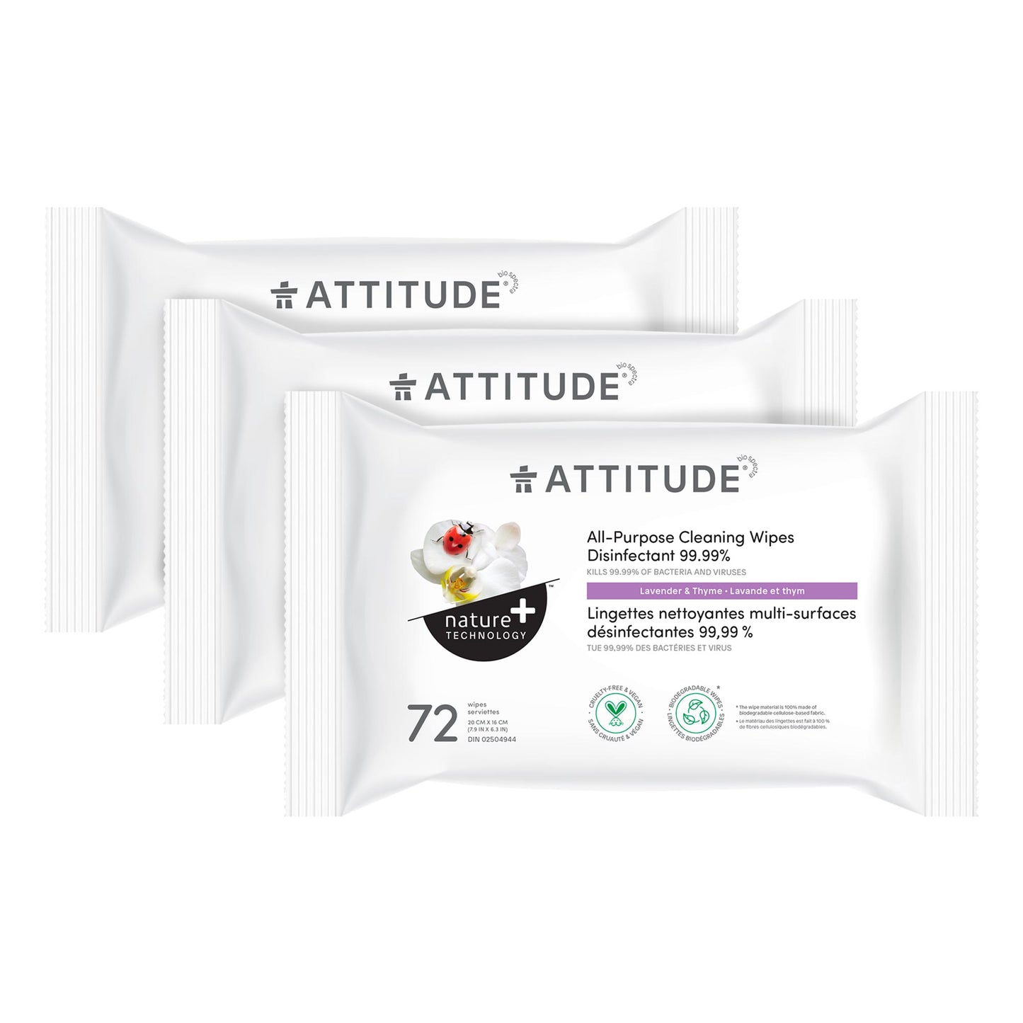 ATTITUDE Nature+ Lingettes nettoyantes multi-surfaces désinfectantes 99.99% Lavande et thym BDL_3_17910_fr?_main? 3 unités (24% de rabais)