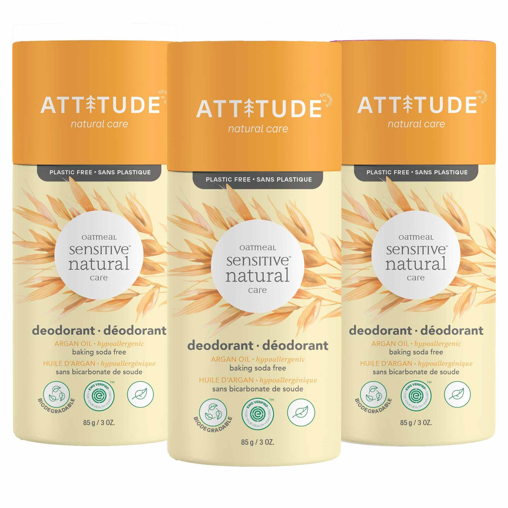 Ensemble 3 déodorants naturels sans bicarbonate de soude, peau sensible Attitude, fragrances huile d'argan _fr - Huile d'Argan - 3 unités