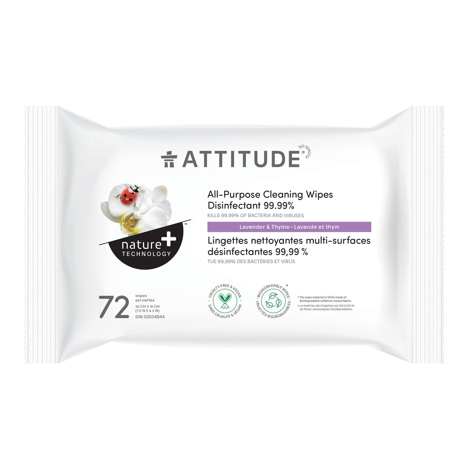 ATTITUDE Nature+ Lingettes nettoyantes multi-surfaces désinfectantes 99.99% Lavande et thym 17910_fr?_main? - 1 unité - 